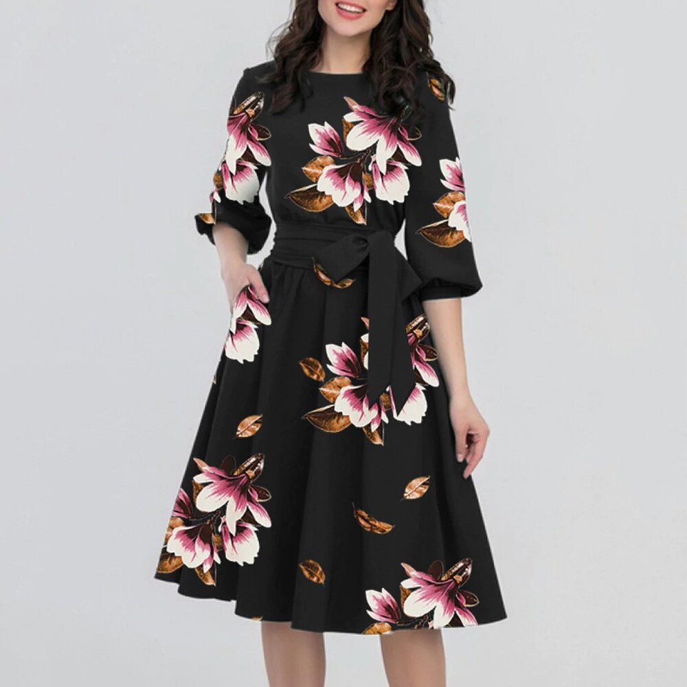 NEW!! Women Size 10 Elegant A-line Vintage Floral Dress in Black